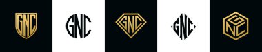 Initial letters GNC logo designs Bundle. This collection incorporated with shield, round, diamond, rectangle and hexagon style logo. Vector template