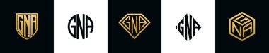Initial letters GNA logo designs Bundle. This collection incorporated with shield, round, diamond, rectangle and hexagon style logo. Vector template