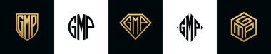 Initial letters GMP logo designs Bundle. This collection incorporated with shield, round, diamond, rectangle and hexagon style logo. Vector template