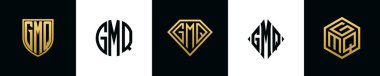 Initial letters GMQ logo designs Bundle. This collection incorporated with shield, round, diamond, rectangle and hexagon style logo. Vector template