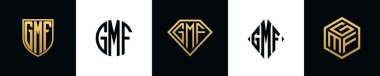 Initial letters GMF logo designs Bundle. This collection incorporated with shield, round, diamond, rectangle and hexagon style logo. Vector template