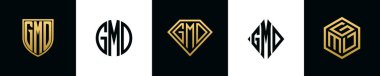 Initial letters GMD logo designs Bundle. This collection incorporated with shield, round, diamond, rectangle and hexagon style logo. Vector template