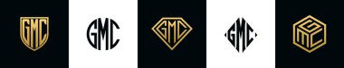 Initial letters GMC logo designs Bundle. This collection incorporated with shield, round, diamond, rectangle and hexagon style logo. Vector template