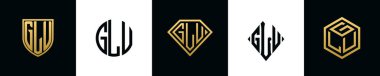 Initial letters GLU logo designs Bundle. This collection incorporated with shield, round, diamond, rectangle and hexagon style logo. Vector template