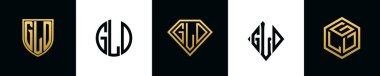 Initial letters GLD logo designs Bundle. This collection incorporated with shield, round, diamond, rectangle and hexagon style logo. Vector template