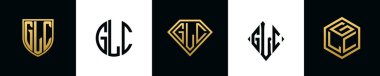 Initial letters GLC logo designs Bundle. This collection incorporated with shield, round, diamond, rectangle and hexagon style logo. Vector template