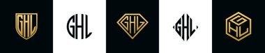 Initial letters GHL logo designs Bundle. This collection incorporated with shield, round, diamond, rectangle and hexagon style logo. Vector template