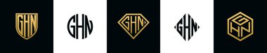 Initial letters GHN logo designs Bundle. This collection incorporated with shield, round, diamond, rectangle and hexagon style logo. Vector template