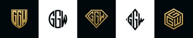 Initial letters GGW logo designs Bundle. This collection incorporated with shield, round, diamond, rectangle and hexagon style logo. Vector template