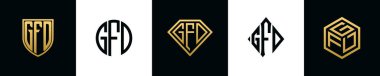 Initial letters GFD logo designs Bundle. This collection incorporated with shield, round, diamond, rectangle and hexagon style logo. Vector template