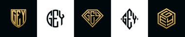 Initial letters GEY logo designs Bundle. This collection incorporated with shield, round, diamond, rectangle and hexagon style logo. Vector template