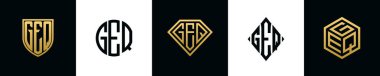 Initial letters GEQ logo designs Bundle. This collection incorporated with shield, round, diamond, rectangle and hexagon style logo. Vector template