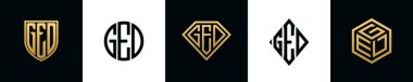 Initial letters GED logo designs Bundle. This collection incorporated with shield, round, diamond, rectangle and hexagon style logo. Vector template