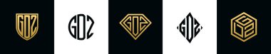 Initial letters GDZ logo designs Bundle. This collection incorporated with shield, round, diamond, rectangle and hexagon style logo. Vector template