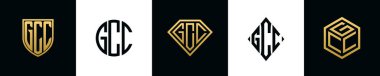 Initial letters GCC logo designs Bundle. This collection incorporated with shield, round, diamond, rectangle and hexagon style logo. Vector template