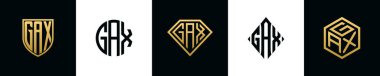 Initial letters GAX logo designs Bundle. This collection incorporated with shield, round, diamond, rectangle and hexagon style logo. Vector template