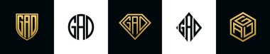 Initial letters GAD logo designs Bundle. This collection incorporated with shield, round, diamond, rectangle and hexagon style logo. Vector template