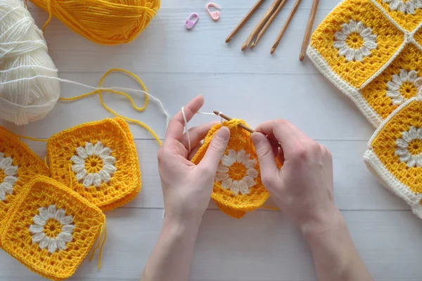 Crochet Handmade Granny Square Pattern Crocheting Supplies Assorted Colored Wool — Stock Photo, Image