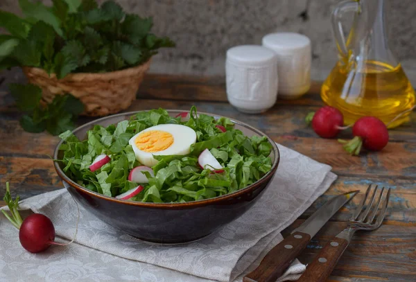 Vitaminsalat Aus Salat Rettich Grünen Zwiebeln Und Eiern Gewürzt Mit — Stockfoto