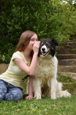 Çimenlerin üzerinde köpekle oynayan kız. Genç yaz parkında Karpat Çoban Köpek sarılma. İnsan ve hayvan dostluk kavramı