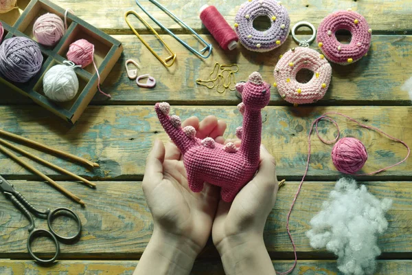 Crochet Pink Dinosaur Making Toy Child Table Threads Needles Hook — Stockfoto