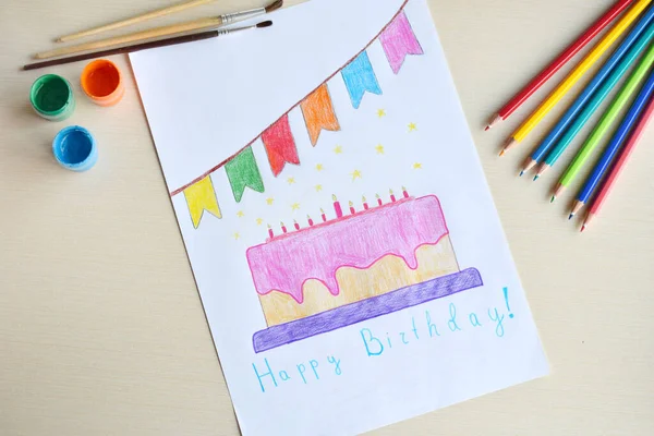 Çocuk Kalem Çizimleri Doğum Günün Kutlu Olsun Pasta Mumlu Tebrik — Stok fotoğraf