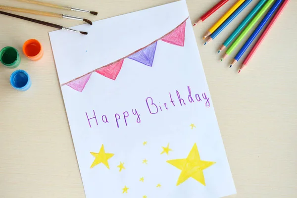 Childrens Pencil Drawing Happy Birthday Greeting Card Yellow Stars — Stock Photo, Image