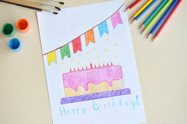Desenho Lápis Para Crianças Feliz Aniversário Cartão Saudação Com Bolo — Fotografia de Stock