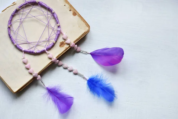 Captador Sonhos Roxo Fundo Branco Dreamcatcher Acessório Decoração Para Quarto — Fotografia de Stock