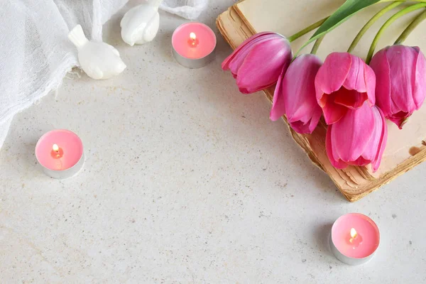 Beautiful Pink Tulip Flowers Background Birthday Mother Day Valentine Day — Stok fotoğraf