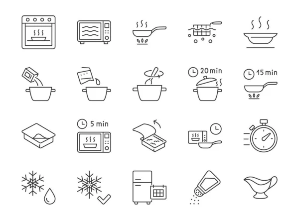 Ready to eat food package line icons. Vector outline illustration with icon - microwave oven, salt shaker, boil, bake, vent tray. Pictogram for semifinished meal prepare instruction. Editable Stroke — Stock Vector