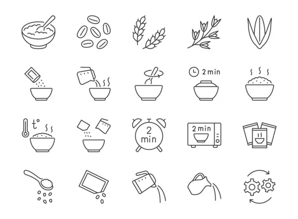 Cereal meal line icons. Vector outline illustration with icon - microwave oven, boiled kettle, grain, warm healthy wheat food. Pictogram for oatmeal breakfast porridge. Editable Stroke — Stock Vector