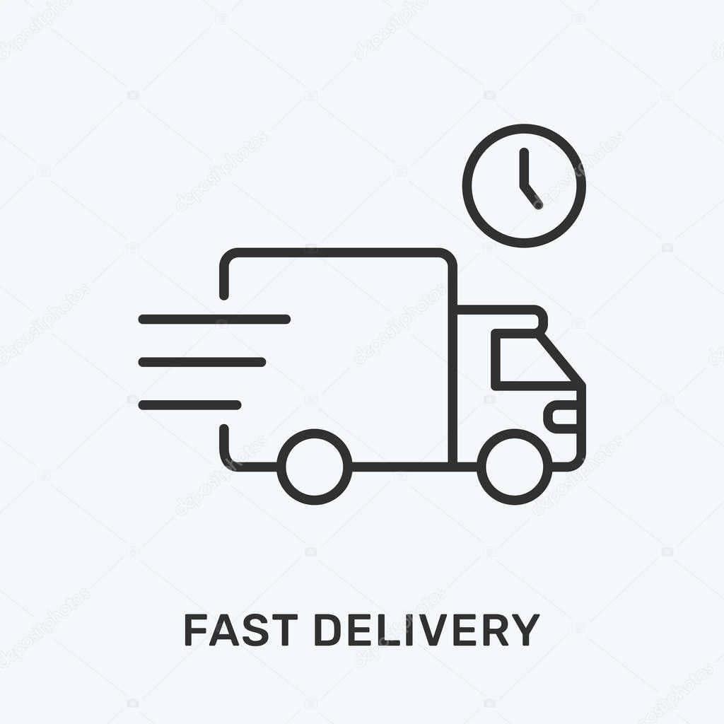 Fast delivery line icon. Vector illustration of van and clock. Black outline pictogram for courier service