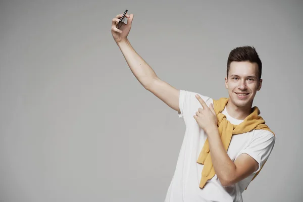 Young Male Student European Appearance Takes Selfie — Stock Photo, Image