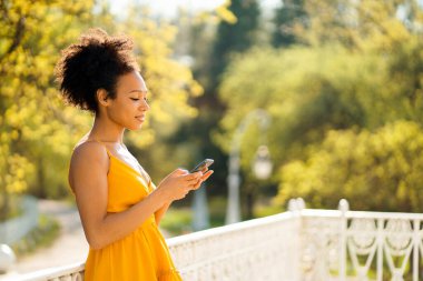 Serbest Afro etnik görünüm, bir yazlık kafede telefonla yapılan alışverişleri karşılıyor. Bir kadın blogcu müşterilerine sohbette cevap verir. Yönetici çevrimiçi iş uzaktan.