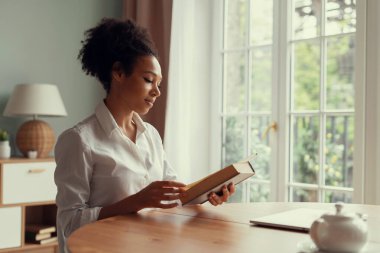 Akıllı bir insan bilgi alır. Favori roman bir edebiyat eseridir. Güzel bir kadın kitap okuyor ve gülümsüyor. Konforlu ev zamanı.