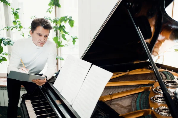 Yetişkinlerin Sevdiği Aktivite Sanatçı Evde Çalışır Piyano Çalar Bir Müzik — Stok fotoğraf