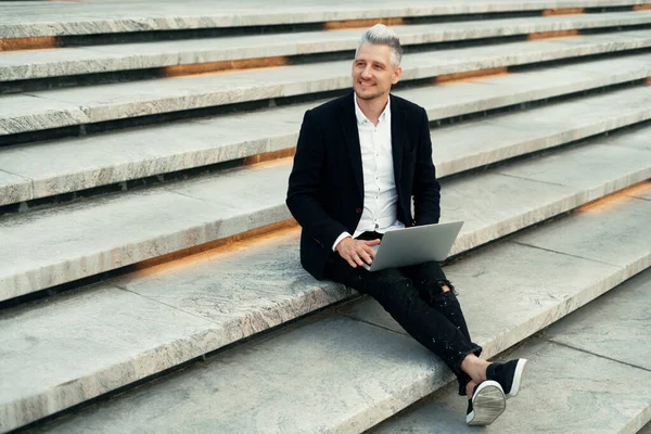 Lawyer Communicates Internet Messages Client Business Man Dressed Stylish Jacket — Stock Photo, Image