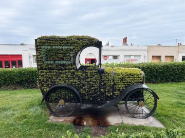 Antika bir araba yeşil çiçek aranjmanında deşifre edildi. Bexhill 'in şehir merkezinde, motorlu yarışların yapıldığı yerde alışılmadık bir heykel yapıldı.
