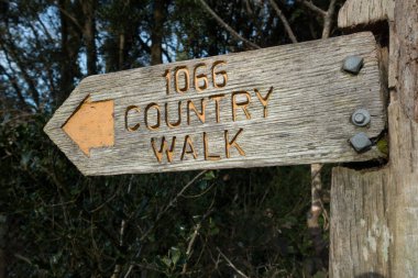 Tellogda '1066 Country Walk' yazılı ahşap bir patika işaretini kapat. Bir ok aynı zamanda gidiş yönünü de gösterir. Metal civatalar sigi kırsal bir ahşap direğe tutar.