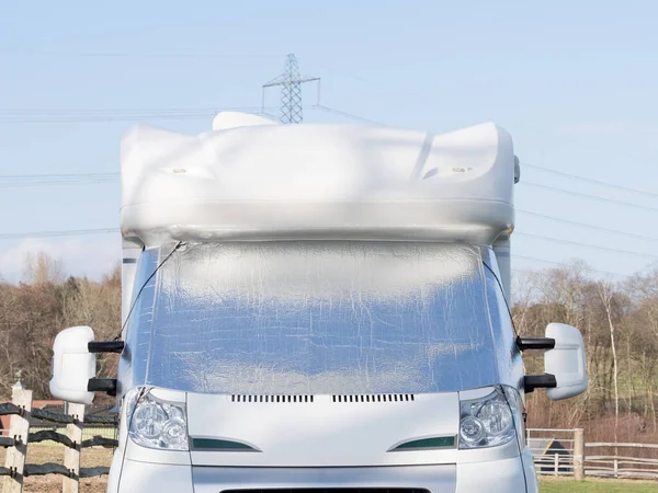 Motorhome Recreational Vehicle Has Silver Screen Its Windscreen Protection Frost Stock Photo