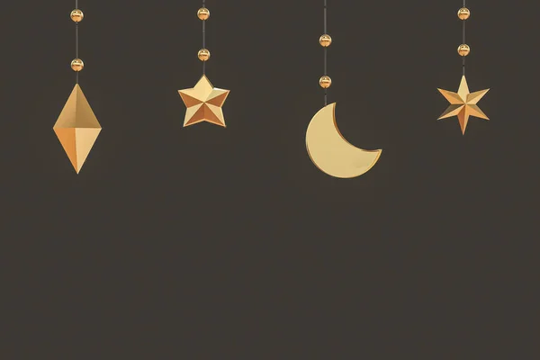 3d rendering of hanging metal crescent moon and star decorations on black background