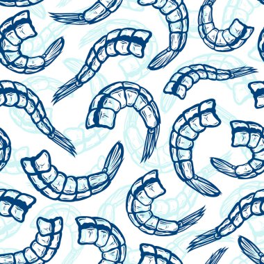 Vektör karides pürüzsüz desen, deniz ürünleri arka planı. Karides illüstrasyon koleksiyonu