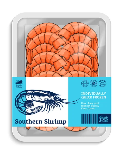 Vector Shrimp Label Template Seafood Package Illustration Prawn Illustrations Food — Stock Vector