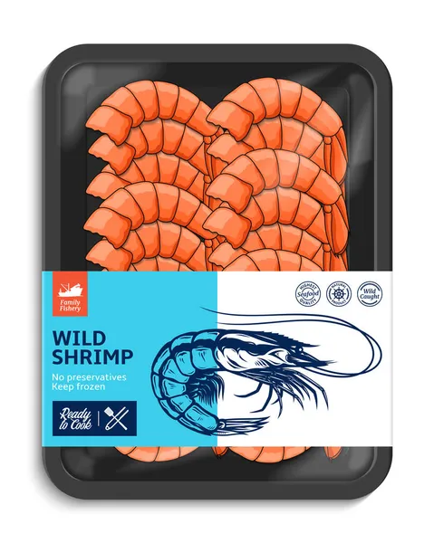 Vector Shrimp Label Template Seafood Package Illustration Prawn Illustrations Food — Stock Vector