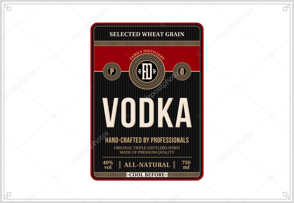 Vector black and red vodka label. Distilling business branding and identity design elements