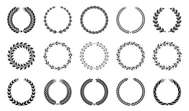 Laurel çelenk koleksiyonu. Heraldik yuvarlak elementler. Laurel yaprakları, buğday ve zeytin çelenkleri