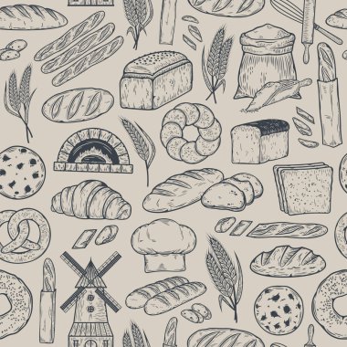 Elle çizilmiş ekmek ve fırın dikişsiz desen ya da arkaplan