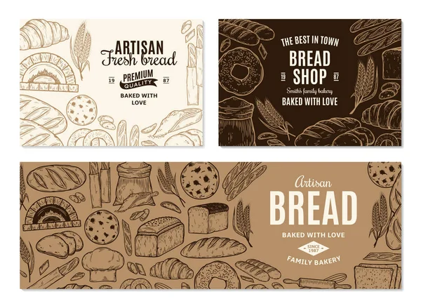 Pancartas Panadería Vintage Con Productos Panadería Dibujados Mano Ilustraciones Panadería — Vector de stock