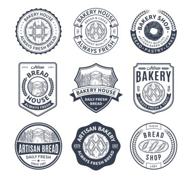 Vektör fırını ve ekmek logosu, simgeler ve tasarım elemanları. Taze ekmek ve pasta rozeti şablonları
